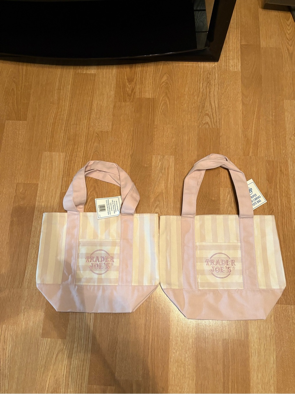 Trader Joe's Pink Striped Mini Canvas Tote Bag, set of 2